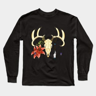 Deer Skull with red lilies Long Sleeve T-Shirt